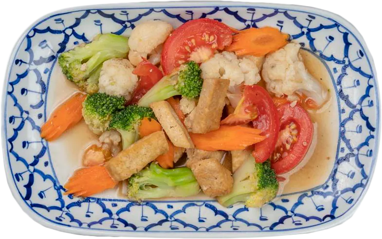 Paistettua vihanneksia ja tofu soijaa